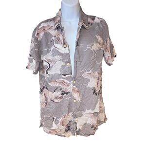 All Saints gray, short sleeve button up blouse with crains, sz Med